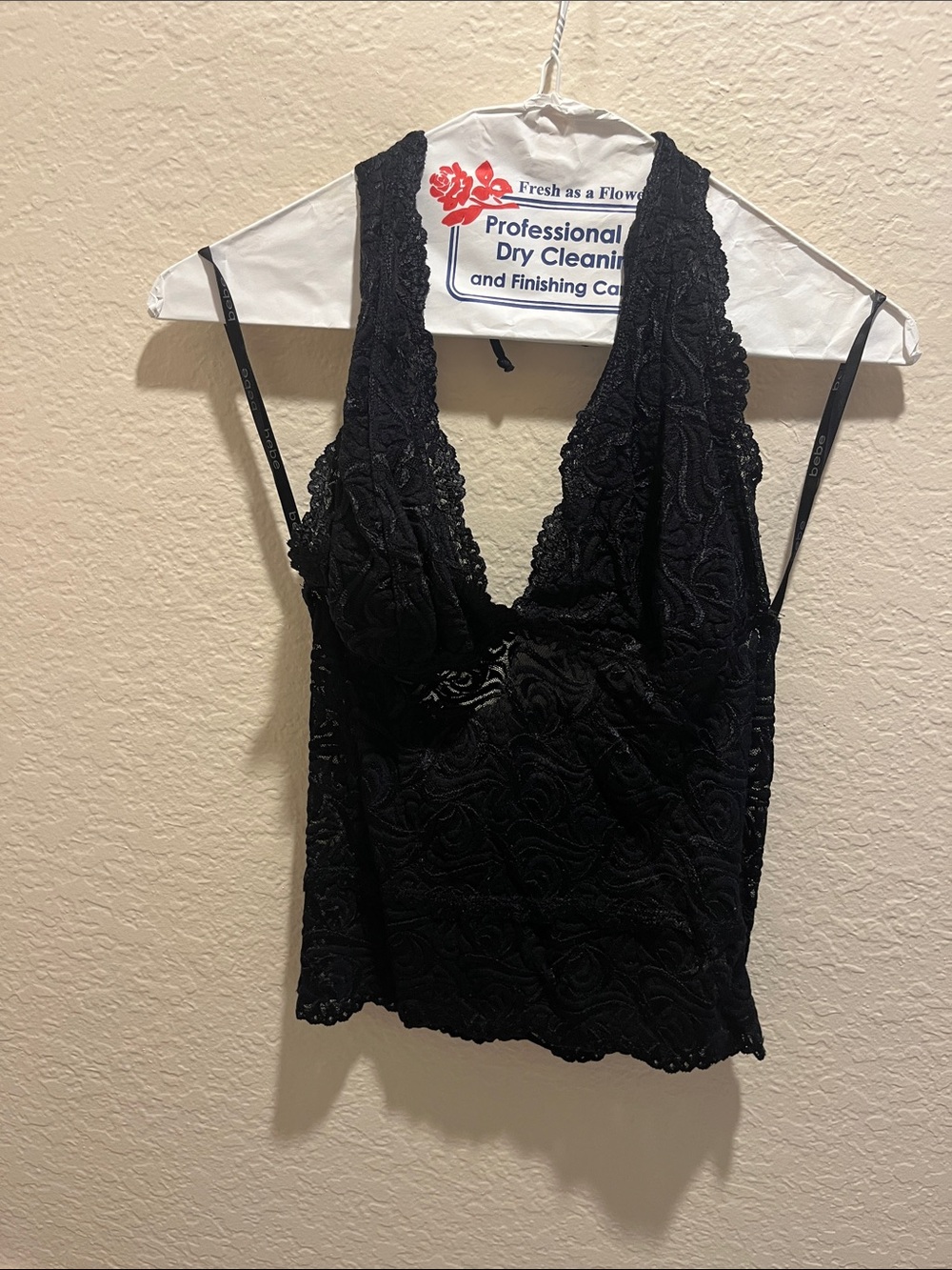 bebe Black Floral Lace Plunge Cami